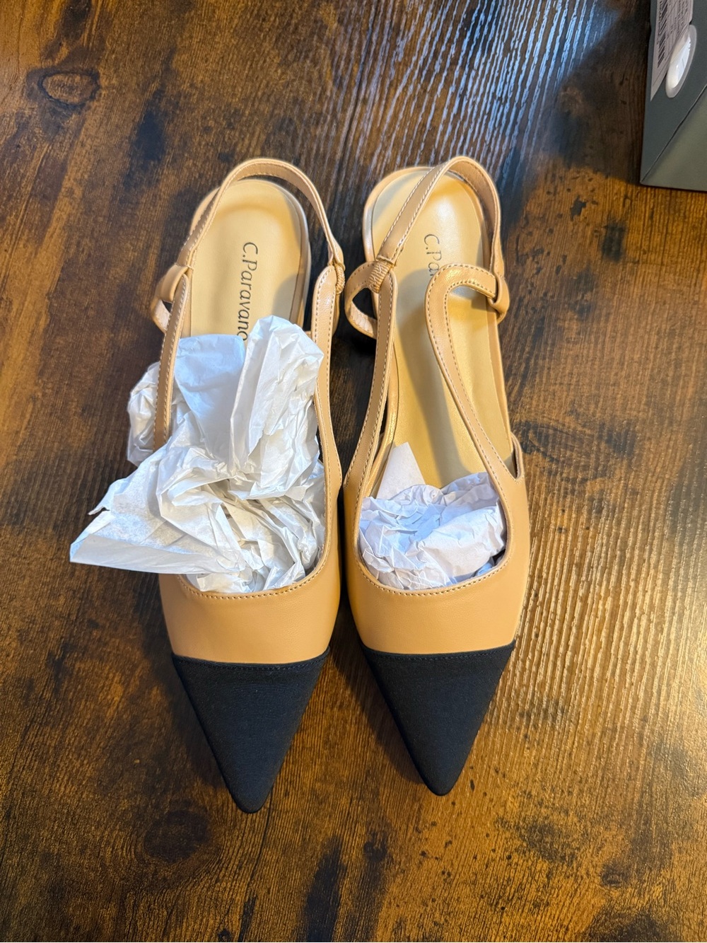 C. Paravano Two-Tone Slingback Pointed Flats in Tan and Black
